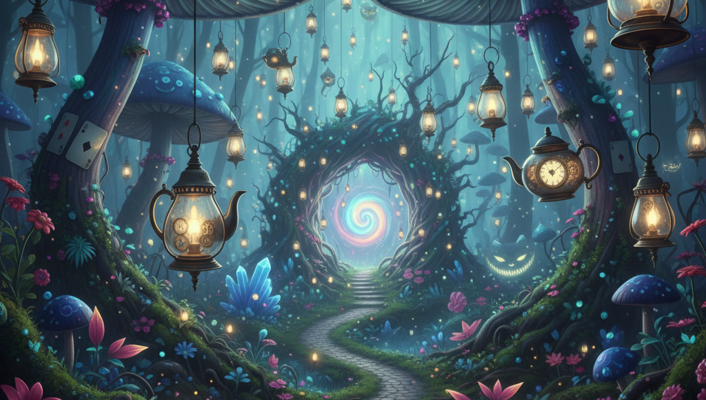 A magical forest scene from Alice in Wonderland in an immersive XR environment.