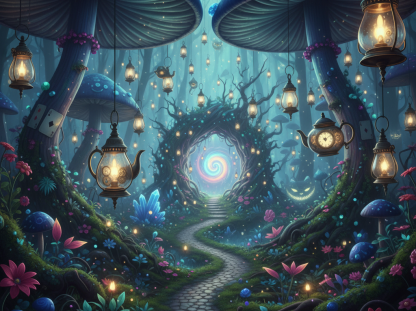 A magical forest scene from Alice in Wonderland in an immersive XR environment.