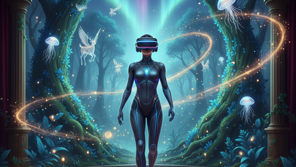 A person in an XR headset walking through a mystical, digitally enhanced theatrical environment.