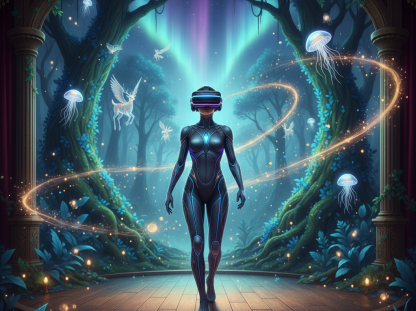 A person in an XR headset walking through a mystical, digitally enhanced theatrical environment.