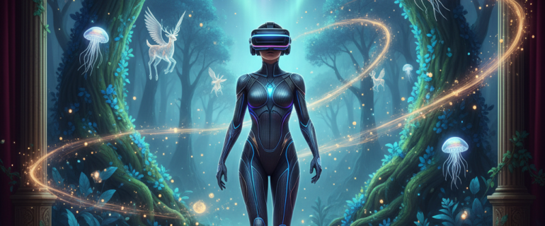 A person in an XR headset walking through a mystical, digitally enhanced theatrical environment.